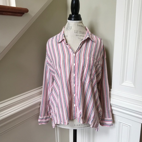 Xirena Jordy Button Down Top Shirt Womens Small Pink Blue Stripe Long Sleeve - Picture 2 of 11